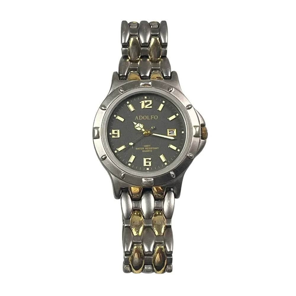 Adolfo Two Tone Quartz Watch‎ Grey Dial Date Japan Movt 100FT Water Resist